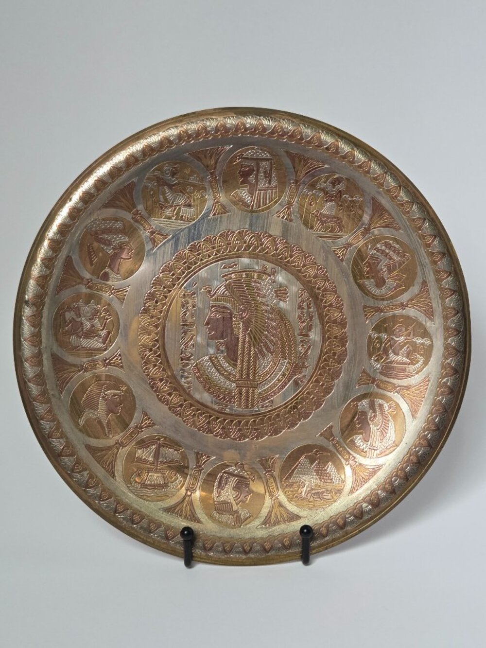 Vintage Mixed Metal Hand Etched Egyptian Cairoware -Pyramids Sphinx Plate 11"